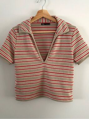 Zara Beige Polo Crop Top with Red & White Stripes